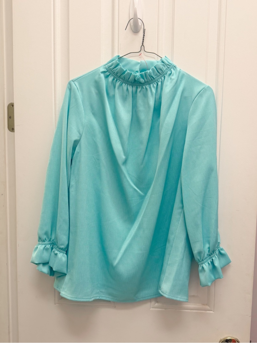 Light Aqua Ruffle-Neck Women’s Blouse